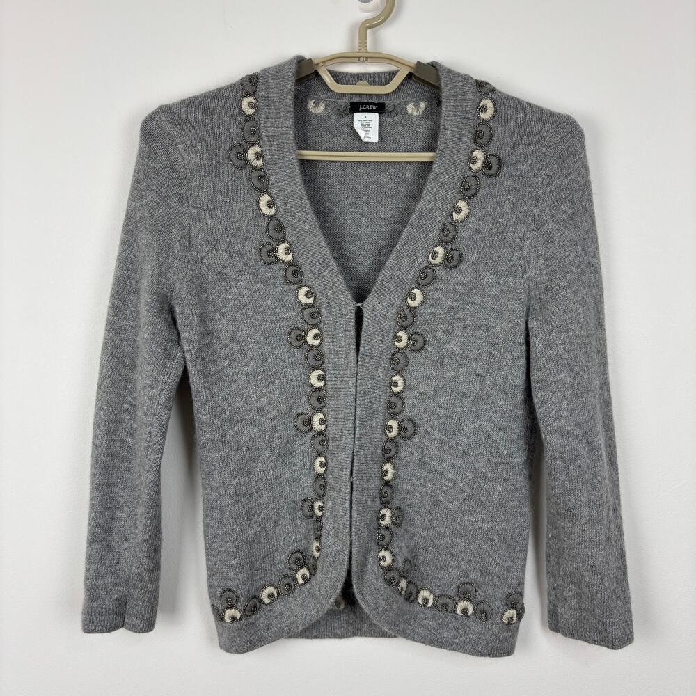 J.Crew Gray Embroidered Cardigan Sweater Small Y2K 2006 wool angora cashmere